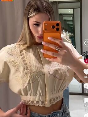 Zara embroidered crop top with lace detail